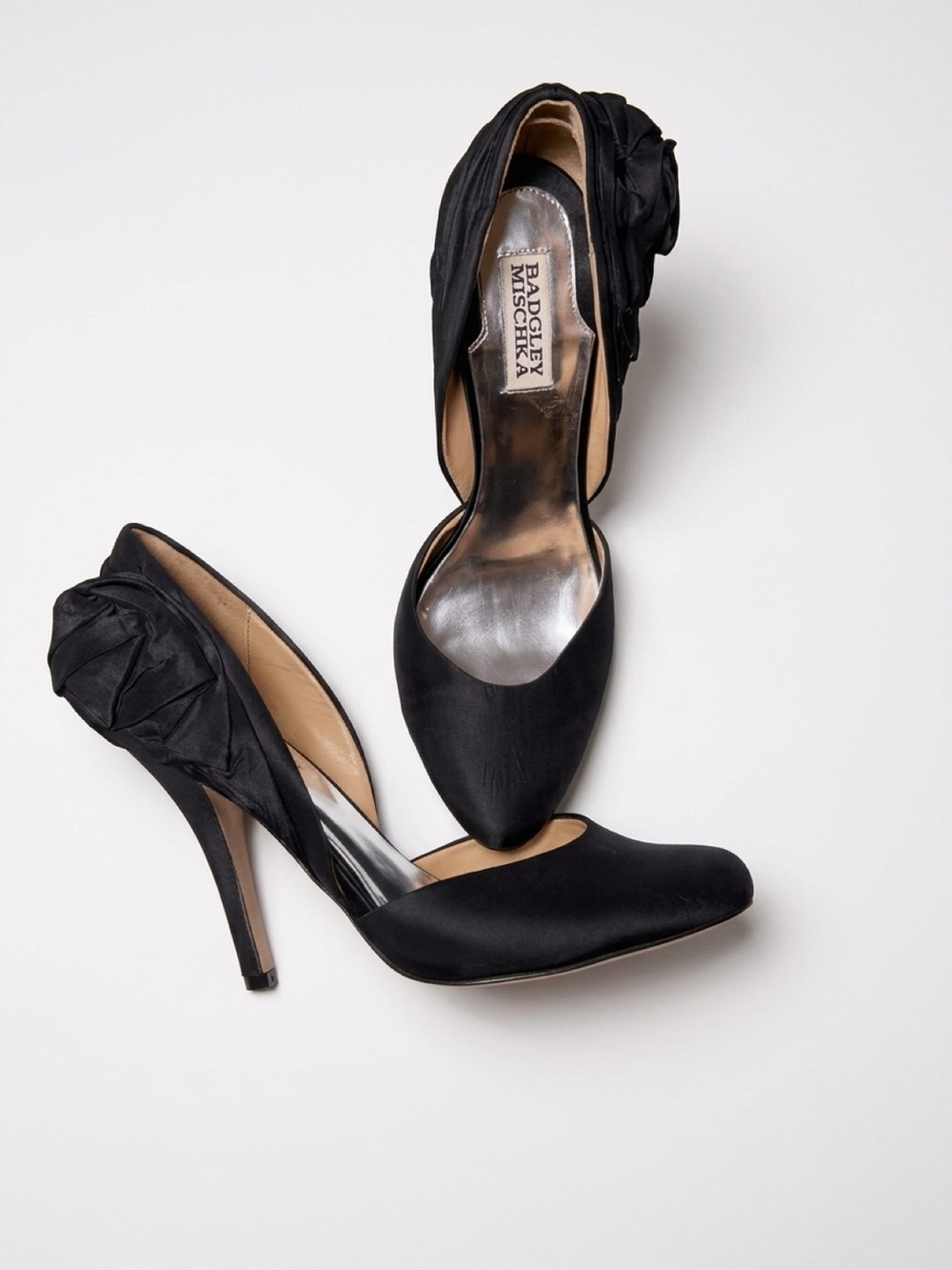 Badgley Mischka Black Satin Pumps with rosette detail on side